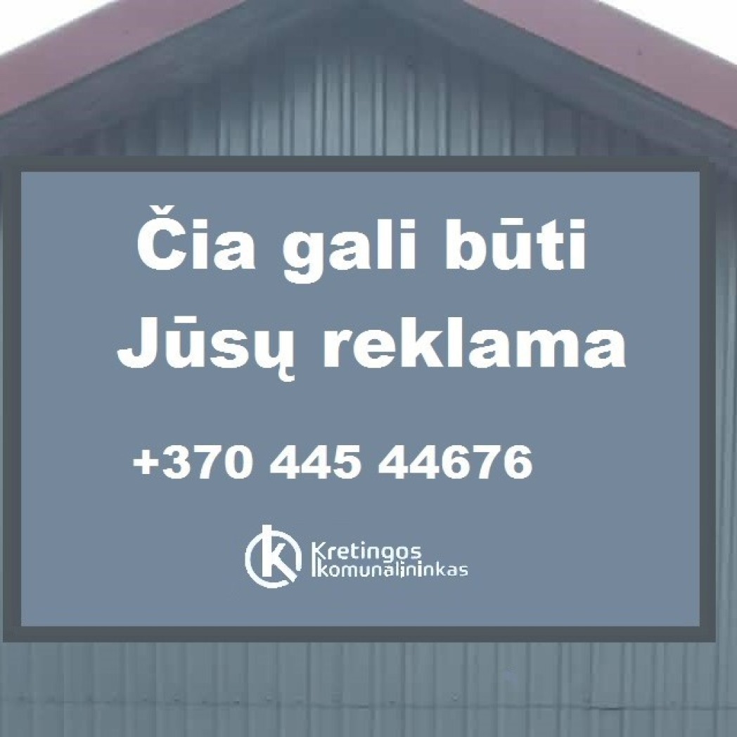Reklaminis tendas ant pastato sienos skelbiantis reklamos vietos nuomos skelbimą