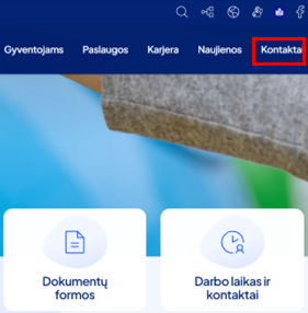 internetinio puslapio nuotrauka su pažuymėta kontaktų skiltimi